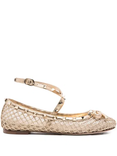 Pre-owned Valentino Garavani Rockstud Mesh Ballerina Shoes In Gold