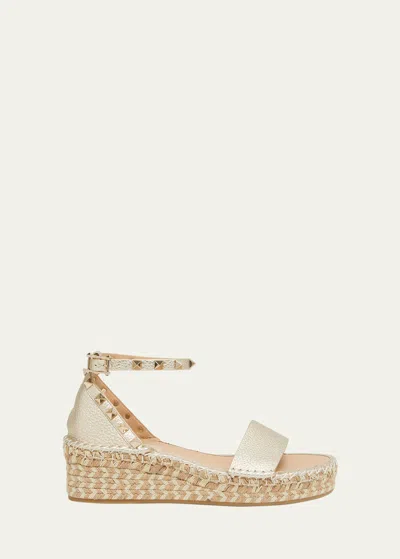 Valentino Garavani Rockstud Metallic Ankle-strap Flatform Espadrilles In 48u Platinonatura