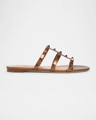 VALENTINO GARAVANI ROCKSTUD METALLIC CITY FLAT SLIDE SANDALS