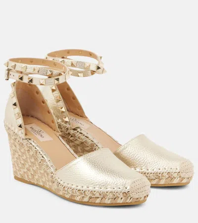 Valentino Garavani Leather Espadrille Wedges 85 In Gold