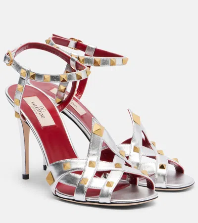 Valentino Garavani Rockstud Metallic Leather Sandals In Silver