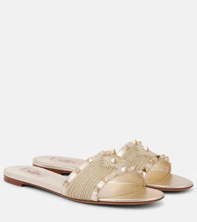 Valentino Garavani Rockstud Metallic Leather Slides In Gold