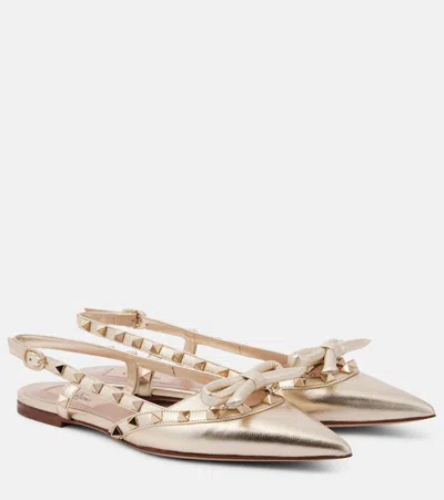 VALENTINO GARAVANI ROCKSTUD METALLIC LEATHER SLINGBACK FLATS