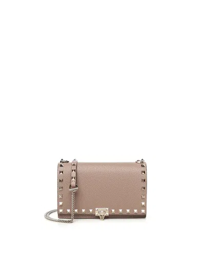 Valentino Garavani Rockstud Mini Bag With Chain In Grained Calfskin In Brown