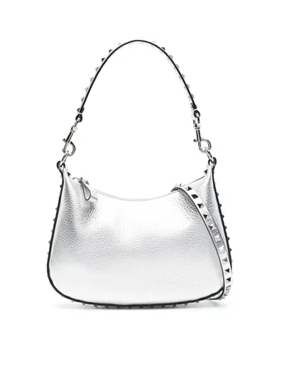 Valentino Garavani Rockstud Mini Hobo Bag In Grained Leather In Metallic