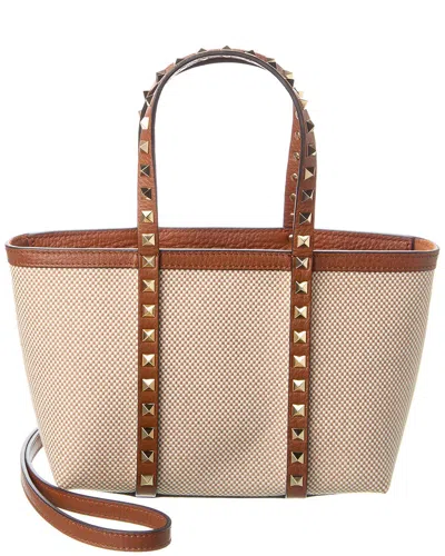Valentino Garavani Valentino Rockstud Mini Leather & Canvas Tote In Brown