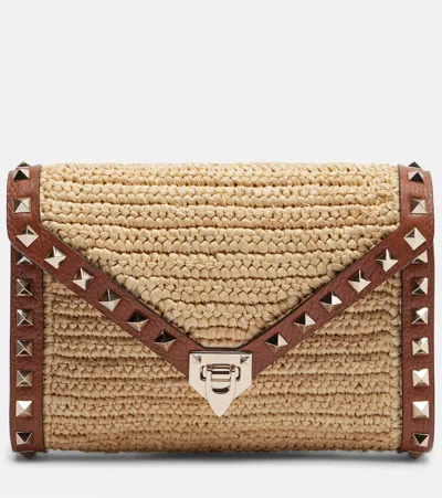 Valentino Garavani Rockstud Mini Raffia Shoulder Bag In Brown