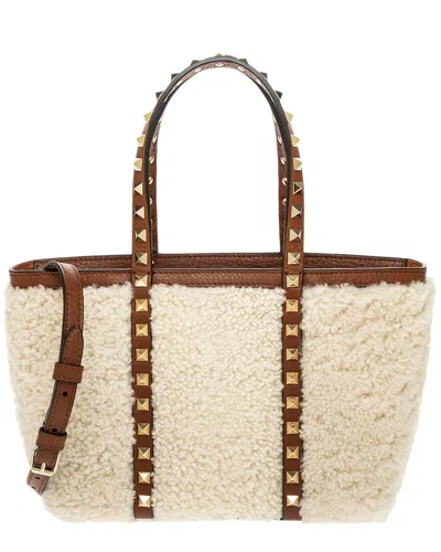 Valentino Garavani Valentino Rockstud Mini Shearling & Leather Tote In Brown