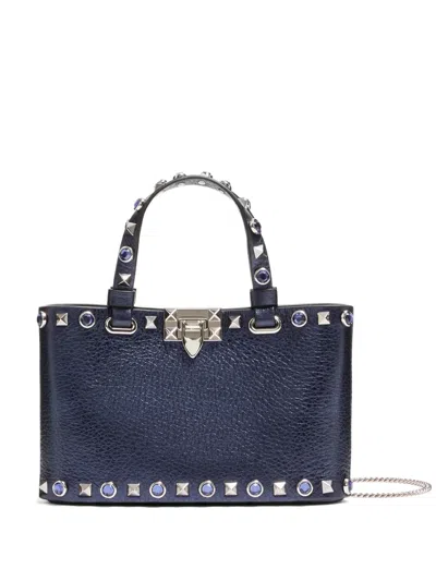 Valentino Garavani Rockstud Mini Shopping Bag In Laminated Calfskin In Blue
