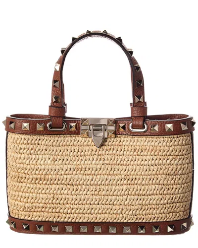 Valentino Garavani Valentino Rockstud Mini Straw & Leather Tote In Beige