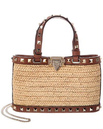Valentino Garavani Valentino Rockstud Mini Straw & Leather Tote In Neutral