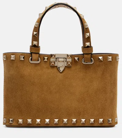 Valentino Garavani Rockstud Mini Suede Tote Bag In Brown
