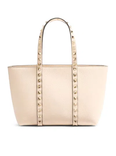Valentino Garavani Rockstud Mini Tote In Hammered Leather In Nude