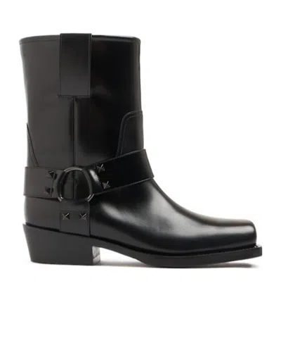 Valentino Garavani 40mm Rockstud Leather Biker Boots In Black