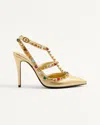 Valentino Garavani Rockstud Pumps In Laminated Nappa With Cabochon And Crystals 100mm Woman Multicol In Antique Brass Light/multicolor