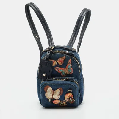 Pre-owned Valentino Garavani Rockstud Navy Blue Denim Embroidered Butterfly Backpack