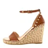Valentino Rockstud 105 Textured-leather Espadrille Wedge Sandals In Brown
