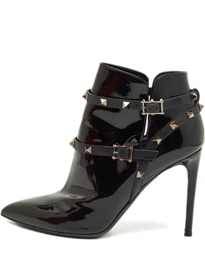 Pre-owned Valentino Garavani Rockstud Patent-leather Ankle Boots In Black