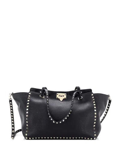 Pre-owned Valentino Garavani Rockstud Pebbled Leather Medium Tote Bag In Black