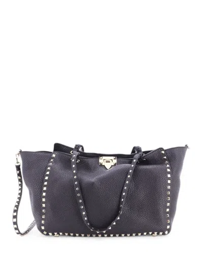 Pre-owned Valentino Garavani Rockstud Pebbled Leather Medium Tote Bag In Black