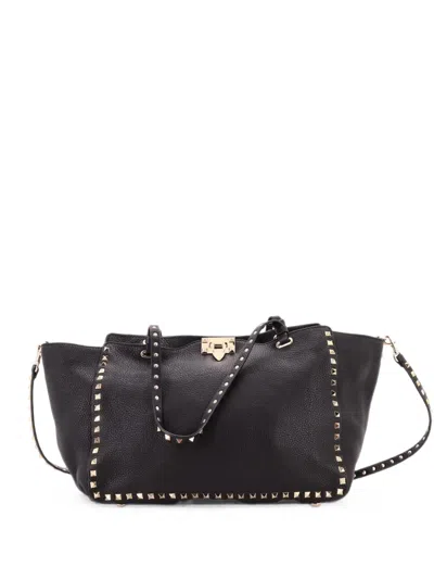 Pre-owned Valentino Garavani Rockstud Pebbled Leather Medium Tote Bag In Black
