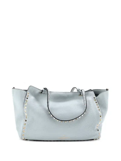 Pre-owned Valentino Garavani Rockstud Pebbled Leather Medium Tote Bag In Blue