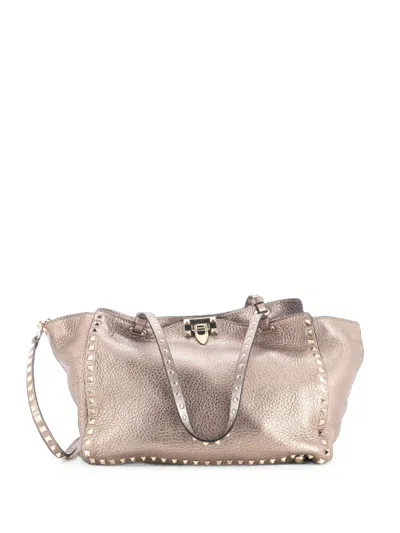 Pre-owned Valentino Garavani Rockstud Pebbled Leather Medium Tote Bag In Gold