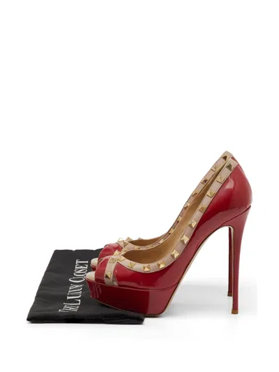 Pre-owned Valentino Garavani Rockstud Peep Toe Platform Pumps In Red
