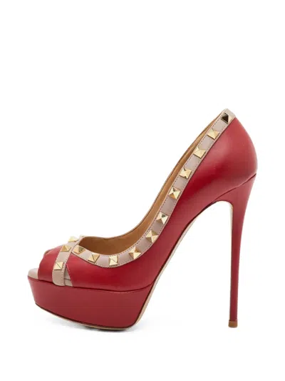 Pre-owned Valentino Garavani Rockstud Peep-toe Pumps In Red