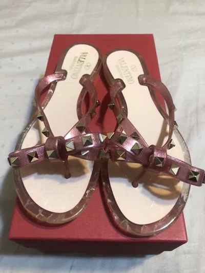 Pre-owned Valentino Garavani Valentino Rockstud Pink Glitter Jelly Bow Sandals Women's Sz 37