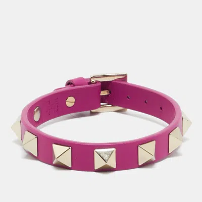 Pre-owned Valentino Garavani Rockstud Pink Leather Gold Tone Bracelet