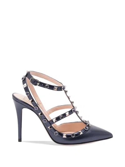 Valentino Garavani Rockstud Pumps In Laminated Nappa With Cabochon 100mm Woman Navy 41.5 In Blue