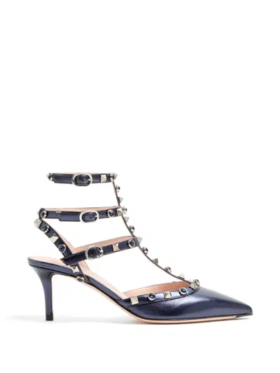 Valentino Garavani Rockstud Pumps In Laminated Nappa Leather With 65mm Cabochon In Blue