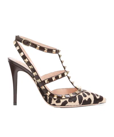 Valentino Garavani Rockstud Pumps With Straps In Pony-effect Calfskin 100mm In Brown