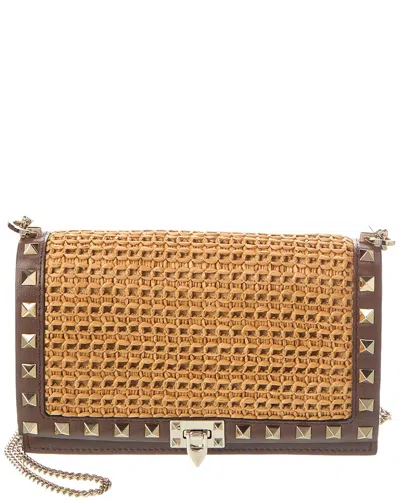 Valentino Garavani Valentino Rockstud Raffia & Leather Crossbody In Beige