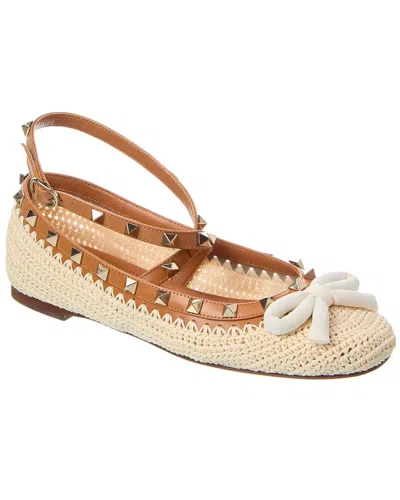 Valentino Garavani Rockstud Raffia & Leather Flat In Brown