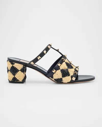 Valentino Garavani Rockstud Raffia T-strap Slide Sandals In Nero/naturale/nero