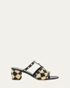 Valentino Rockstud Raffia T-strap Slide Sandals In Nero/naturale/nero