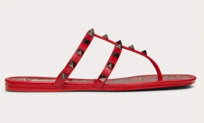 Pre-owned Valentino Garavani Valentino Rockstud Red Black Rubber Lipstick Jelly Pvc Stud Cage Flat Sandal 40