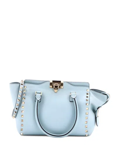 Pre-owned Valentino Garavani Rockstud Rigid Leather Small Tote Bag In Blue