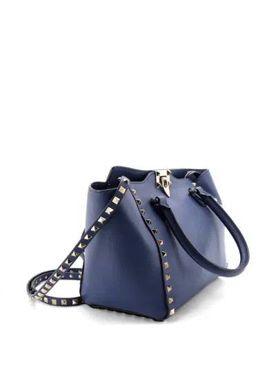 Pre-owned Valentino Garavani Rockstud Rigid Leather Small Tote Bag In Blue