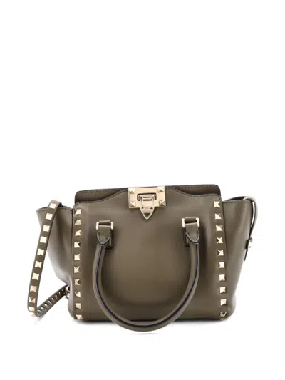 Pre-owned Valentino Garavani Rockstud Rigid Leather Small Tote Bag In Brown