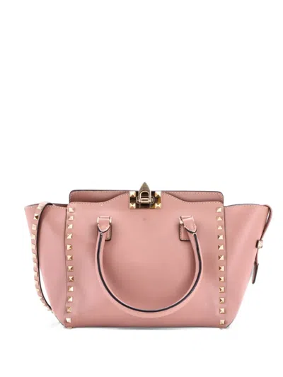 Pre-owned Valentino Garavani Rockstud Rigid Leather Small Tote Bag In Neutrals