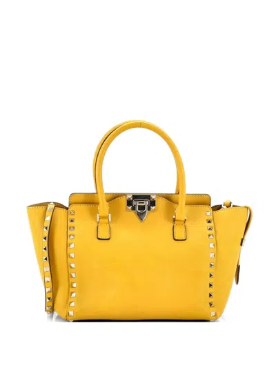 Pre-owned Valentino Garavani Rockstud Rigid Leather Small Tote Bag In Yellow