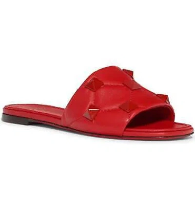 Pre-owned Valentino Garavani Valentino Rockstud Roman Stud Red Leather Quilted Slide Slip On Flat Sandal 37