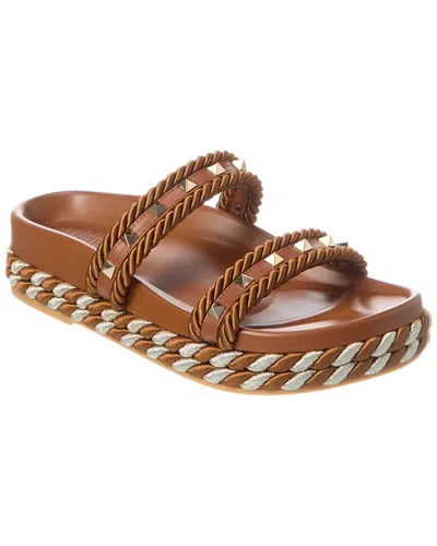 Valentino Garavani Kids' Valentino Rockstud Rope & Leather Slide In Brown