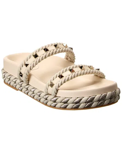 Valentino Garavani Rockstud Rope & Leather Slide In White