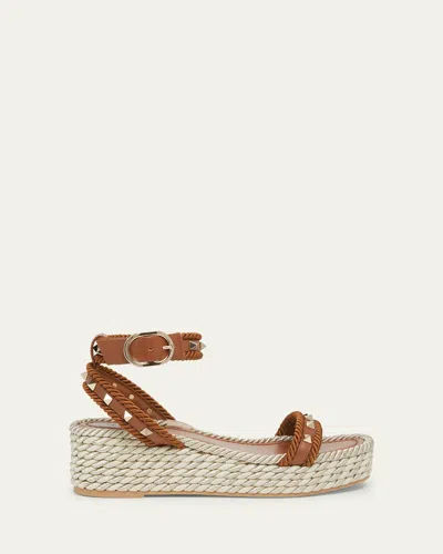 Valentino Garavani Rockstud Rope Ankle-strap Espadrille Sandals In Tobacco