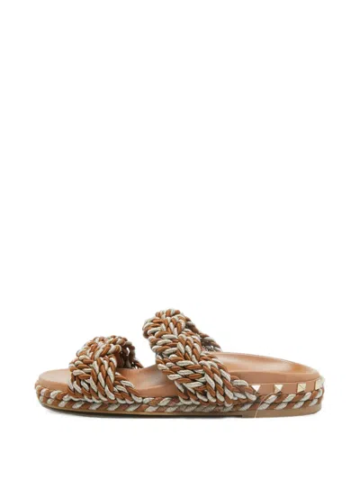 Pre-owned Valentino Garavani Rockstud Rope Sandals In Brown