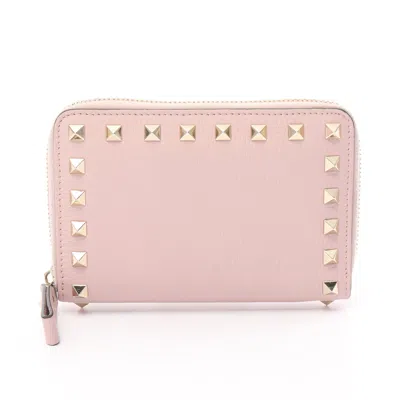 Valentino Garavani Rockstud Round Zipper Bifold Wallet Leather Light Pink